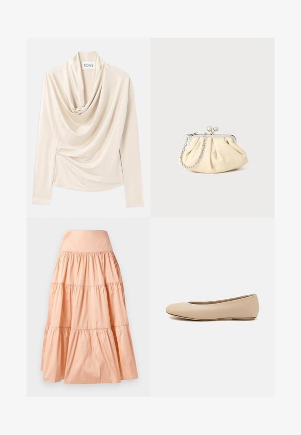 Beige ülaosa pikade varrukatega, kape kaela disainiga ja pehme, siledama tekstuuriga. Talje juures on see kinnitatud õrnade kogumise detailidega.; Peachi värvi kihiline seelik, mis on valmistatud kergest materjalist. Omab laia vööd ja pehmet kortsuvat tekstuuri kogu ulatuses.; Beeži nahk balletitossud ümarate varvastega, minimaalse õmbluse detailiga, madala kanna ja diskreetse logoga taga. Sile, mati tekstuur.; Kortsus beežist nahast kotike, millel on hõbedane metallraam, kaunistatud kahe ümmarguse dekoratiivse lukuga ja hõbedase ketispideme.