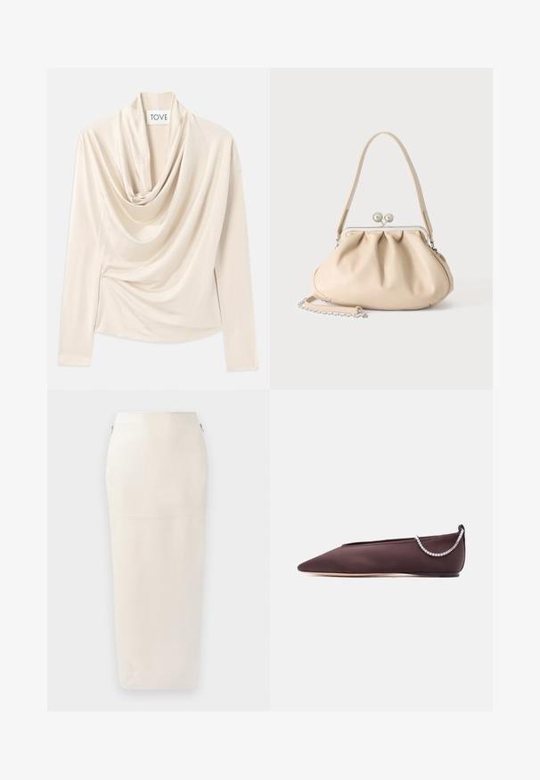 Beige top met lange mouwen, ontwerp met een kraag en een zachte, gladde textuur. Vastgezet in de taille met subtiele geplooide details.; Crème midi-jurk met een aangesloten silhouet, gemaakt van soepel materiaal, met een verborgen rits aan de zijkant en minimalistische naaddetails.; Donkerbruine platte schoen met puntige neus, lage hak en een zilveren rijglin met strassteentjes aan de achterkant.; Beige zachte leren handtas met een zilveren metalen frame sluiting, een enkele schouderriem en een optionele kettingriem op een witte achtergrond.