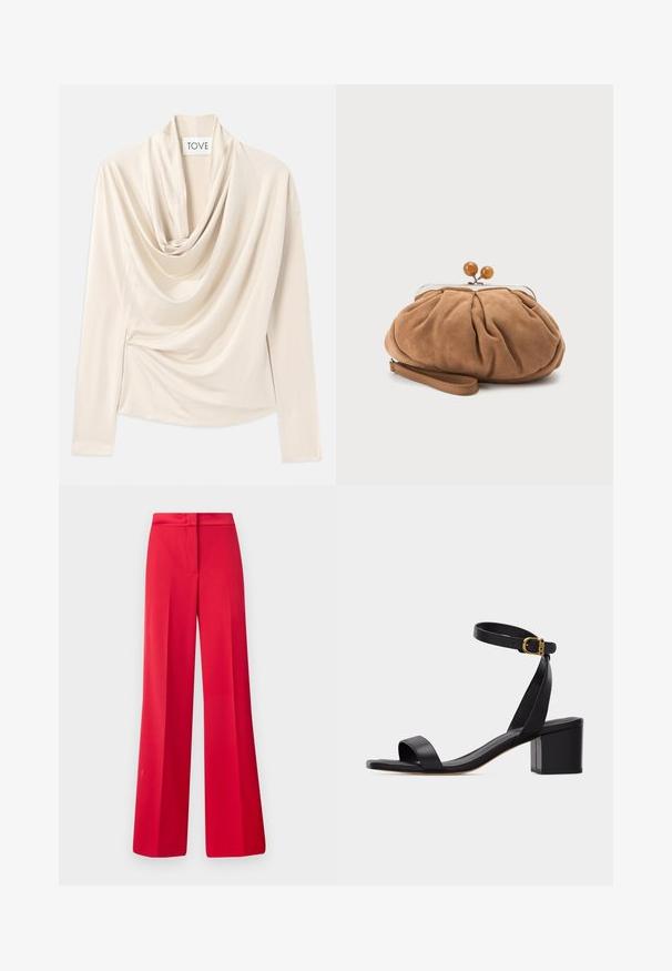 Haut beige drapé à manches longues, design à col drapé et texture douce et lisse. Maintenu à la taille avec des détails froncés subtils.; Pantalons larges rouges avec une texture lisse, une taille plate et un design structuré, dotés de pinces à l'avant et d'une coupe ajustée.; Sandale noire à bout ouvert avec talon bloc et bride à la cheville ornée d'une petite boucle en or, vue de côté sur un fond uni.; Petit sac pochette en daim marron doux avec tissu froncé, fermoir métallique, accents de perles en bois et bracelet pour poignet sur fond blanc.