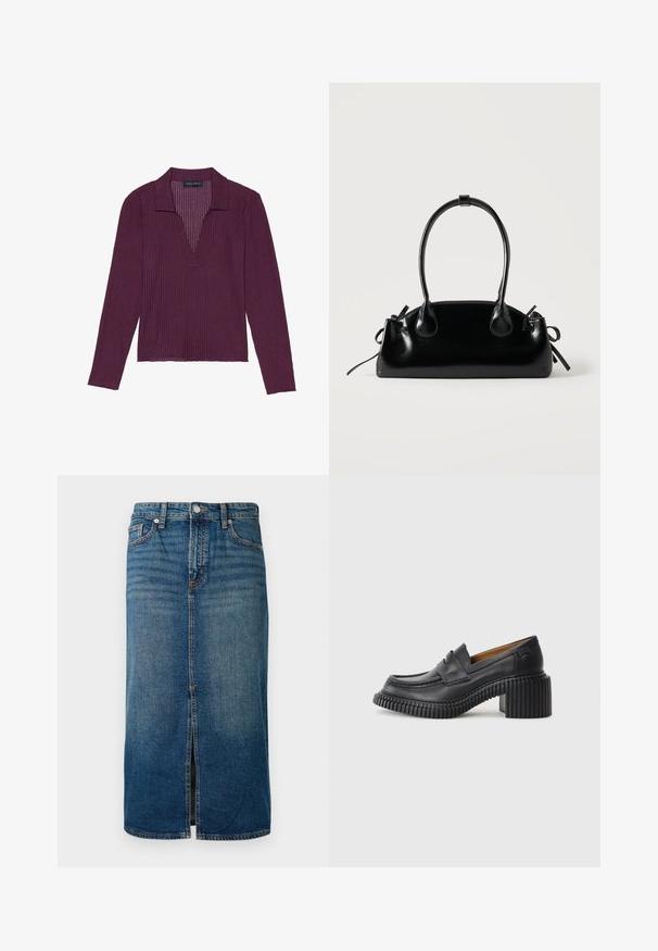 Langsleeve, diep V-hals top in donkerpaars met geribbelde textuur en een kraag. Kenmerkt zich door een getailleerd ontwerp en lichte stretch.; Donkerblauwe denim midi-jurk met een frontslit, vijf zakken en contrasterende stiksels. Voorzien van een knoop- en ritsluiting bij de taille.; Zwarte leren instappers met een dikke, geribbelde rubberen hak. Voorzien van een ronde neus en een horizontale band over de wreef. Textuurondergrond.; Kleine zwarte glanzende handtas met twee lange hengsels en zijkant trekkoord details op een effen lichte achtergrond.