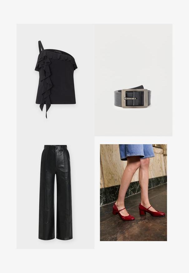 Zwarte top met één schouder, met een enkele band en geplooide details die vooraan en langs de halslijn naar beneden vallen.; Zwarte wijde broekspijpen van glad leer, met een hoge taille, subtiele plooien en een klassieke sluiting met knoop en rits.; Persoon in glanzende rode Mary Jane blokhakken en een blauwe denim rok, staand op een donker betegelde vloer nabij een marmeren wand.; Zwarte leren riem met een rechthoekige zilverkleurige metalen gesp, met een gestructureerde afwerking en een soepel strapdesign.