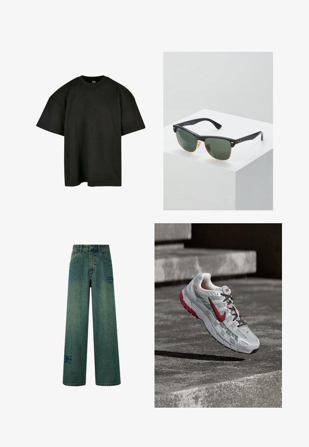 Schwarzes, oversized T-Shirt aus weicher Baumwolle. Verfügt über einen runden Halsausschnitt und kurze Ärmel, mit einer glatten Textur und minimalistischem Design.; Weite Jeans aus dunkelblauem Denim mit einer dezenten, verblassten Textur. Mit Gesäßtaschen und einem dekorativen Logodetail.; Weißer und grauer Nike-Laufschuh mit roten Akzenten und schwarzen Schnürsenkeln, schwebend über grauen Betonstufen.; Ray-Ban Sonnenbrillen mit grünen Gläsern, schwarzen Kunststoffrahmen und goldenen Akzenten an den Rändern. Quadratische Form mit matter Oberfläche.
