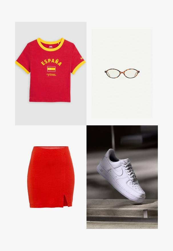 Rød T-shirt med korte ærmer med gul krave og manchetter, teksten "ESPAÑA", grafik med det spanske flag og Levi's Strauss fra Californien logo.; Rød strikket nederdel med en tætsiddende pasform, der har en sideslids og en kant, der sidder lige over midt-lår. Glat tekstur, enkel konstruktion.; Hvid Nike Air Force 1 sneaker svævende over en betonoverflade med skygger i et minimalistisk miljø.; Skildpaddebriller med ovale linser og en elegant, glat finish. Har tynde sider med en subtil kurve ved tindingerne. Klare linser.