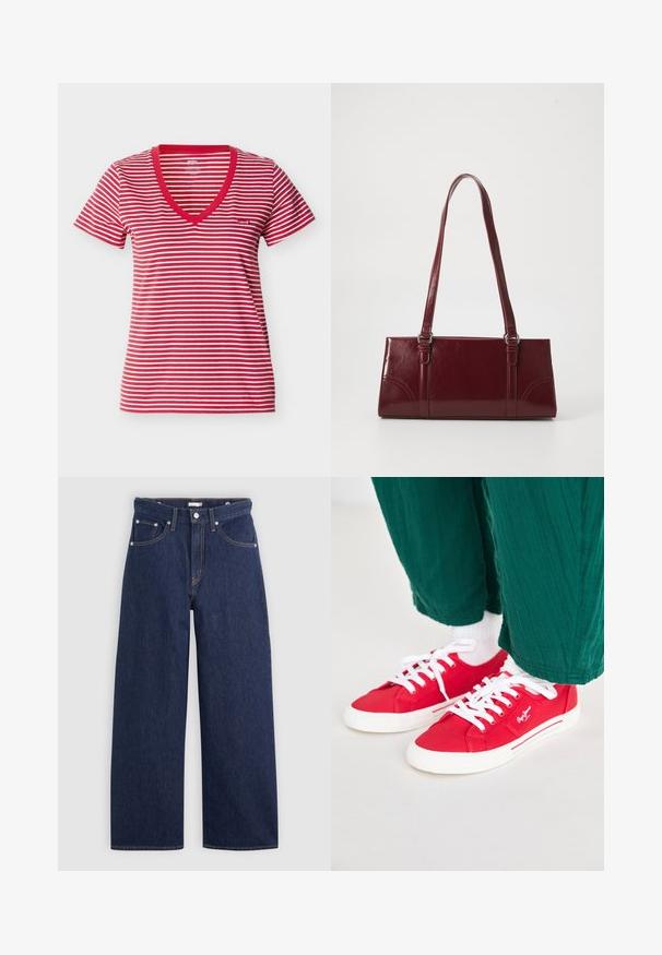 Rood-wit horizontaal gestreept T-shirt met korte mouwen en V-hals, met een klein Levi's-logo op de borst, getoond op een witte achtergrond.; Donkerblauwe denim wijde broek met een hoge taille, voorzien van vijf zakken, riemlussen en details van koperkleurig stiksel. Gladde textuur.; Rode canvas sneakers met witte veters, voorzien van een witte rubberen zool en gestreepte accenten aan de zijkant. Draagt met groene gestructureerde broek en witte sokken.; Bourgondische handtas van glanzend materiaal, rechthoekige vorm, met twee schouderbanden en subtiele gebogen accenten aan de voorkant.