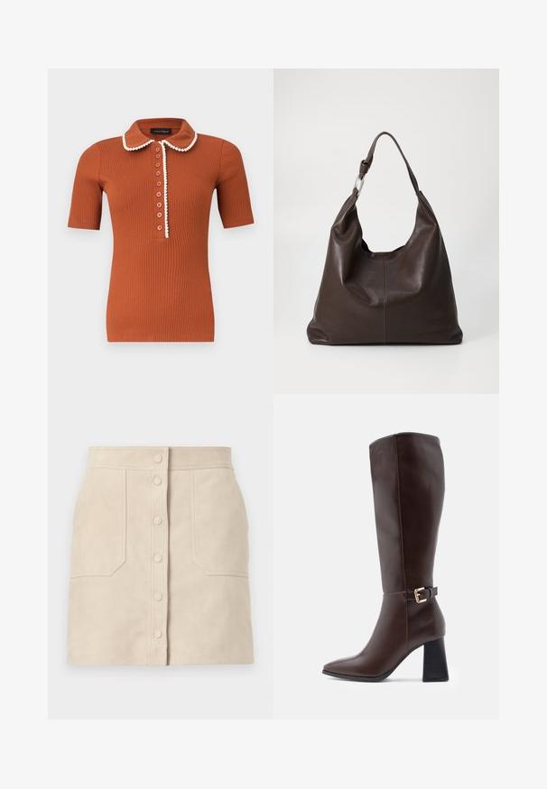 Polo à manches courtes côtelé de couleur rouille avec un col arrondi et sept boutons, orné d'un liseré blanc le long du col et de la patte de boutonnage.; Mini-jupe en daim beige avec boutons-pression à l'avant et deux grandes poches frontales, coupe droite et détails cousus.; Bottines en cuir marron, montantes au genou, avec un bout pointu, un talon bloc et un accent en boucle dorée sur le côté. Texture lisse et design élégant.; Zign by Zalando LEATHER - Cabas - chocolate brown