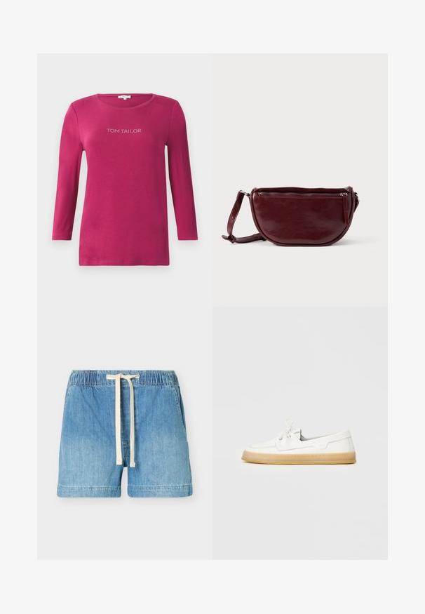 Chemise fuchsia à manches longues avec un col rond et le texte "TOM TAILOR" en strass sur la poitrine. Matière en coton douce.; Short en denim bleu clair avec taille élastique et cordon blanc, poches avant et ourlet droit.; Chaussures décontractées blanches avec un dessus texturé, fermeture à lacets et semelle en caoutchouc brun clair. Comprend des détails cousus et des accents de logo subtils.; Sac à main en cuir marron foncé avec une forme en demi-lune, une fermeture éclair et une bandoulière amovible. Texture lisse avec un léger éclat.