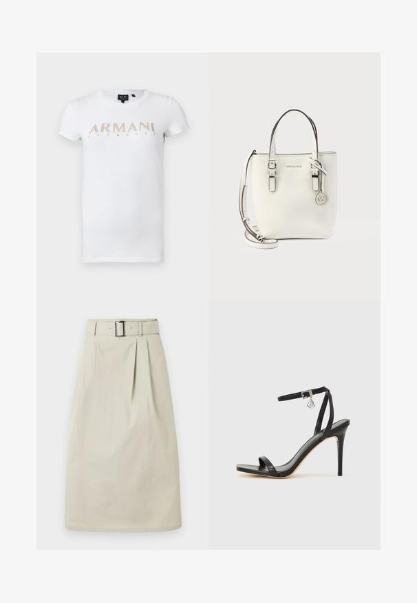 T-shirt blanc manches courtes col rond avec un logo doré « Armani Exchange » imprimé sur la poitrine.; Jupe beige longueur genou avec pli avant et ceinture assortie dotée d'une boucle rectangulaire argentée, présentée sur un fond uni.; Sandale à talon haut noire avec une bride étroite à la cheville, bout carré, cuir lisse et accent de boucle métallique.; Sac à main en cuir blanc Michael Kors avec double poignée, bandoulière réglable et pendentif logo MK circulaire en métal.