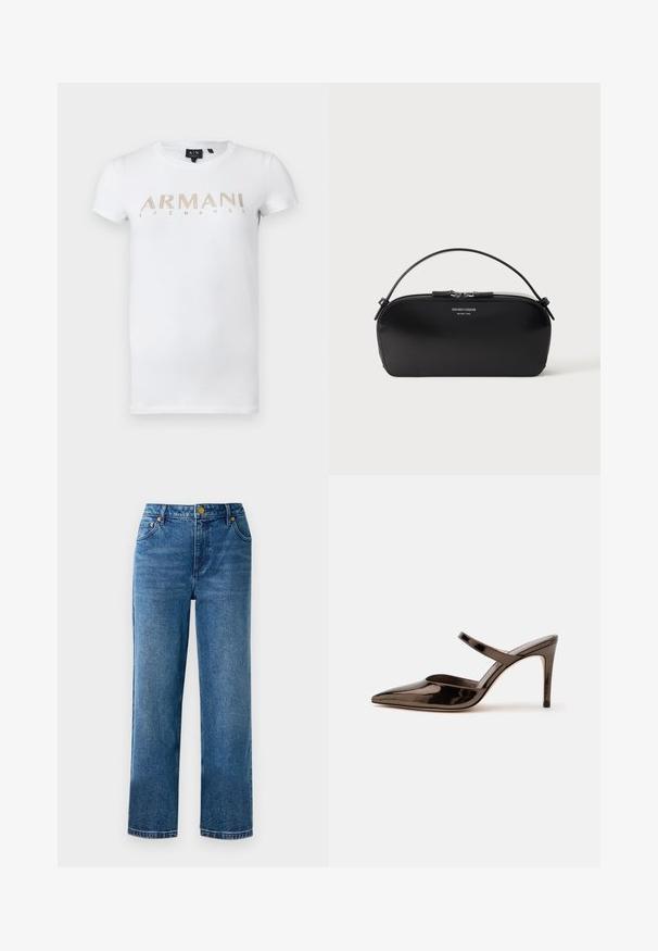 Weißes T-Shirt mit kurzen Ärmeln und rundem Halsausschnitt mit goldenem „Armani Exchange“-Logo auf der Brust.; Blaue hochgeschnittene Jeans mit geradem Bein, aus Denim, mit fünf Taschen und goldfarbenen Hardware-Details.; Glänzender dunkelbrauner Mule mit spitzer Spitze und hohem Absatz mit schmalem Riemen über dem Spann vor weißem, einfachem Hintergrund.; Schwarze Leder-Armbandtasche mit silbernem Reißverschluss und kurzem Griff, geprägtes Emporio Armani Milano 1981-Logo auf der Vorderseite.