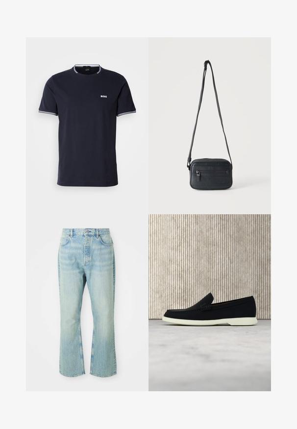 Marineblauwe katoenen t-shirt met een ronde hals, voorzien van witte gestreepte accenten op de kraag en mouwen, en een klein wit logo op de borst.; Lichtblauwe denim flare jeans met een hoge taille, voorzien van vijf zakken, riemlussen en een vervaagde wastextuur.; Zwarte instapper met een ronde neus, voorzien van een textuur bovenwerk, gladde witte zool en subtiele merktekens aan de zijkant.; Zwarte crossbodytas met een voorvak met rits, een gestructureerd oppervlak en een verstelbare band, hangend tegen een effen lichte achtergrond.