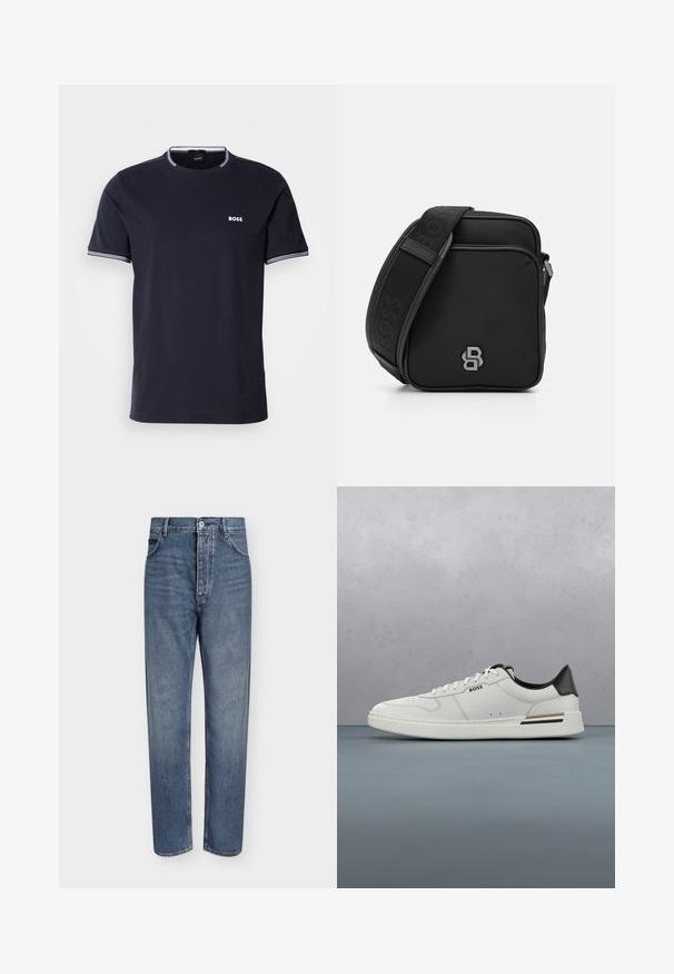 Marineblauwe katoenen t-shirt met een ronde hals, voorzien van witte gestreepte accenten op de kraag en mouwen, en een klein wit logo op de borst.; Blauwe denim jeans met rechte pijpen, hoge taille, knoopsluiting aan de voorkant en vijfzakkenontwerp op een effen lichte achtergrond.; Witte lage sneaker met zwarte hiel, vetersluiting, subtiele perforaties en het "BOSS" logo aan de zijkant, getoond vanuit het zijprofiel.; Zwarte schoudertas van textuurstof met ritssluiting. Beschikt over een logo-accent en een gestreepte verstelbare schouderband. Compact vierkant ontwerp.