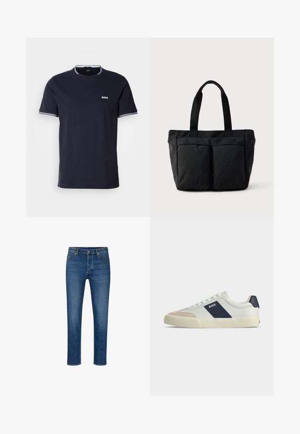 Marineblauwe katoenen t-shirt met een ronde hals, voorzien van witte gestreepte accenten op de kraag en mouwen, en een klein wit logo op de borst.; Blauwe denim jeans met een rechte pasvorm, voorzien van vijf zakken, riemlussen en een knoopsluiting. Lichte wassing en contrasterende stiksels.; Witte lage sneaker met beige neus, donkerblauwe zijstreep met label BOSS, witte veters en rubberen zool op een neutrale achtergrond.; Zwarte tote bag met een zachte stoffen constructie, twee voorvakken en stevige handvatten. Logo aan de zijkant weergegeven. Eenvoudig, functioneel ontwerp.