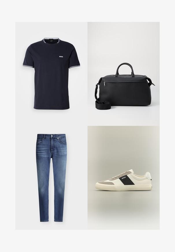T-shirt en coton bleu marine avec un col rond, présentant des accents rayés blancs sur le col et les manches, et un petit logo blanc sur la poitrine.; Jean slim fit bleu en denim pour homme avec style classique à cinq poches et légère décoloration aux cuisses et aux genoux, fermeture par bouton et zip.; Baskets basses blanches et gris clair avec panneau latéral noir arborant le logo "BOSS", semelle en caoutchouc texturée et lacets beiges sur fond neutre.; Sac de voyage en cuir noir avec deux poignées supérieures, une bandoulière amovible et une poche avant zippée pour un espace de rangement supplémentaire.