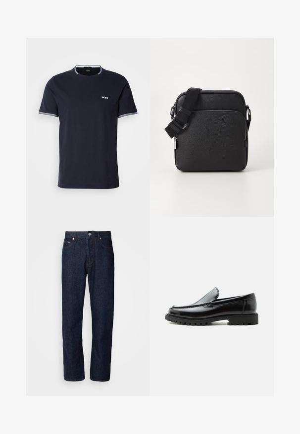 Marineblauwe katoenen t-shirt met een ronde hals, voorzien van witte gestreepte accenten op de kraag en mouwen, en een klein wit logo op de borst.; Donkerblauwe denim jeans met een rechte pijp, voorzien van vijf zakken, een knoopsluiting en subtiele stikselaccenten.; Zwarte leren loafer met dikke rubberen zool, gestikte bovenkant en gegraveerde merknaam op de hiel, zijaanzicht op witte achtergrond.; Zwarte leren schoudertas met een gestructureerd oppervlak, voorzien van een voorzak met rits, een verstelbare schouderband en metalen accenten.