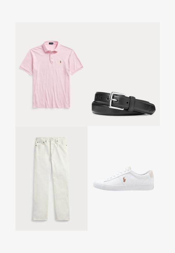 Hellrosa kurzärmliges Poloshirt mit zwei Knöpfen und einem kleinen bestickten Pferd-und-Reiter-Logo auf der linken Brust.; Weiße Denim-Jeans mit geradem Schnitt, ausgestattet mit fünf Taschen, Metallknöpfen und Ziernähten entlang der Nähte. Glatte Textur.; Weiße Leinensneaker im Low-Top-Design mit einem beigen Ferseneinsatz und einem kleinen gestickten Logo an der Seite. Gummisohle.; Schwarzer Ledergürtel mit silberner rechteckiger Schnalle, aufgerollt auf weißem Hintergrund, mit dezent geprägt Logo an der Spitze.