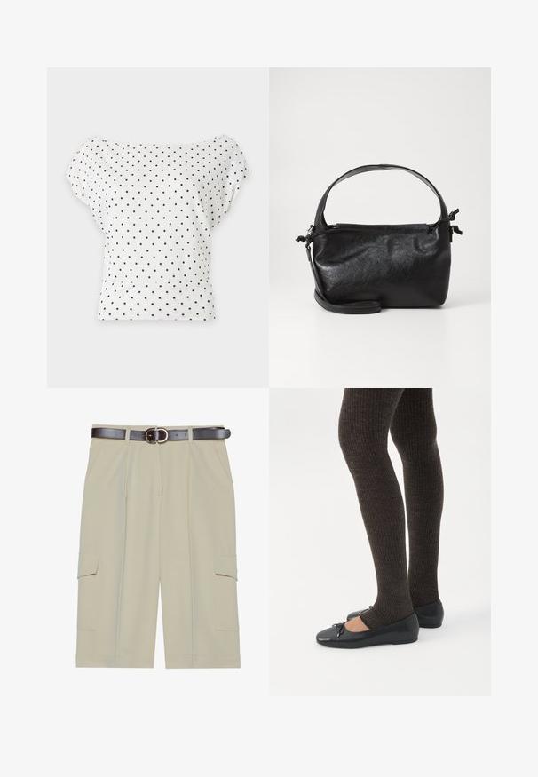 Hvid top med korte ærmer med sorte polkaprikker, bred bådudskæring og tætsiddende kant i taljen.; Beige cargo shorts med en afslappet pasform, der har to sidelommer og et brunt bælte med en rund spænde, glat stofstruktur.; Ben iført mørke ribbede leggings kombineret med sorte balletsko med små sløjfedetaljer på hvid baggrund.; Sort læderhåndtaske med et struktureret design, rund tophåndtag og aftagelig skulderrem. Den har en glat tekstur og en subtil glans.