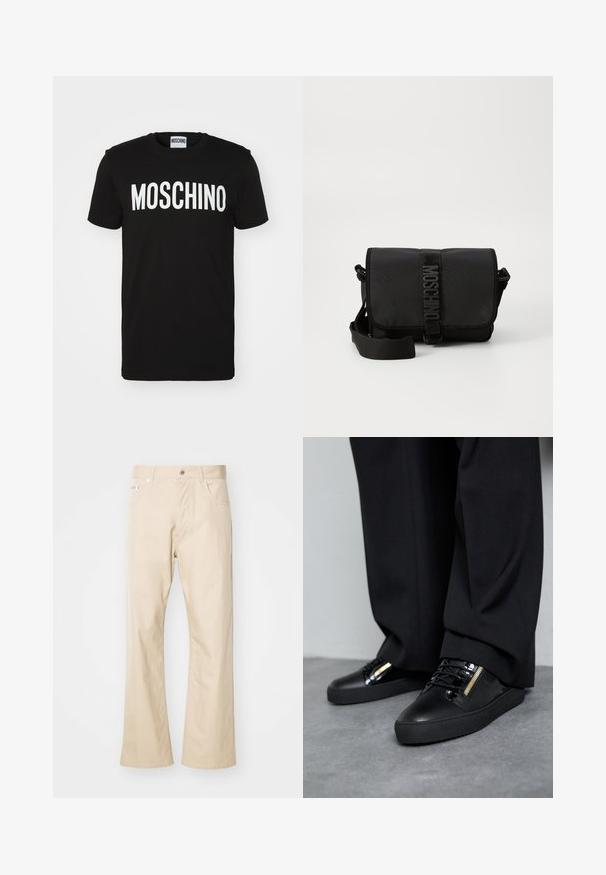 Must toorunge T-särk, millel on julge valge "MOSCHINO" tekst esiküljel; ümar kaelus ja lühikesed varrukad. Lihtne disain, klassikaline lõige.; Beige puuvillased püksid, otse jalaga disainiga, kahe esitasku, vööde jaoks silmade ja metallnuppkinnitusega.; Mustad nahast tennisekad, millel on läikivad aksessuaarid, tekstuuriga paelad ja lukuga detail; koos tumedate, vabalt langevate pükstega hallil põrandal.; Must mustruum kotkas mustast nailonist, millel on klapp, esitleb silmapaistvat logo rihma sulgemist, reguleeritavat rihma ja külgõmbluste üksikasju.