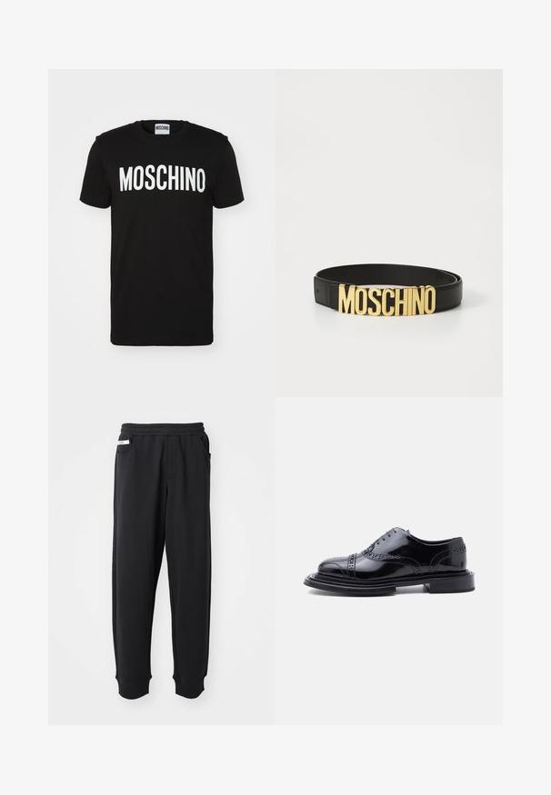 Čierne bavlnené tričko s tučným bielym nápisom "MOSCHINO" na prednej strane; okrúhly výstrih a krátke rukávy. Jednoduchý dizajn, klasický strih.; Čierne tepláky vyrobené z mäkkého materiálu, s elastickým pásom, bočnými vreckami a rebrovanými manžetami na členkoch. Minimalistický dizajn.; Čierna leštená kožená brogue spoločenská obuv s perforáciou typu wingtip a stohovaným podpätkom, zobrazená z bočného profilu na bielom pozadí.; Čierny kožený opasok s veľkou zlatou prackou s logom "MOSCHINO", hladký povrch, nastaviteľná veľkosť a minimalistický dizajn.