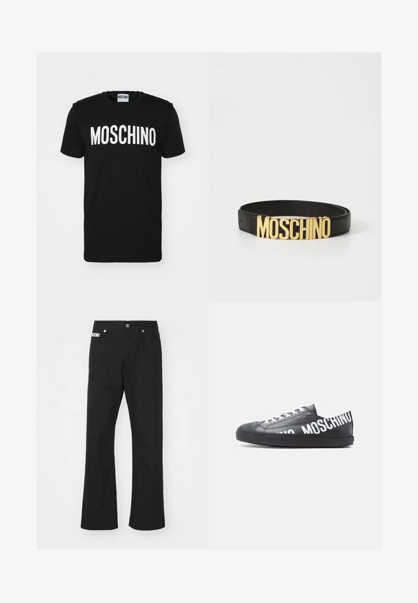 Must toorunge T-särk, millel on julge valge "MOSCHINO" tekst esiküljel; ümar kaelus ja lühikesed varrukad. Lihtne disain, klassikaline lõige.; Mustad puuvillased püksid sirge jala disainiga, ees nupuga sulgemine, kahe küljetaskuga ja väikese brändi sildiga vöökohtade peal.; Mustad madala otsaga toss, valgete paeltega ja külje ning kanna ääres suurelt valgete tähtedega print "MOSCHINO".; Must kollane nahkvöö, millel on suur kuldne "MOSCHINO" logo pandla, sile tekstuur, reguleeritav suurus ja minimalistlik disain.