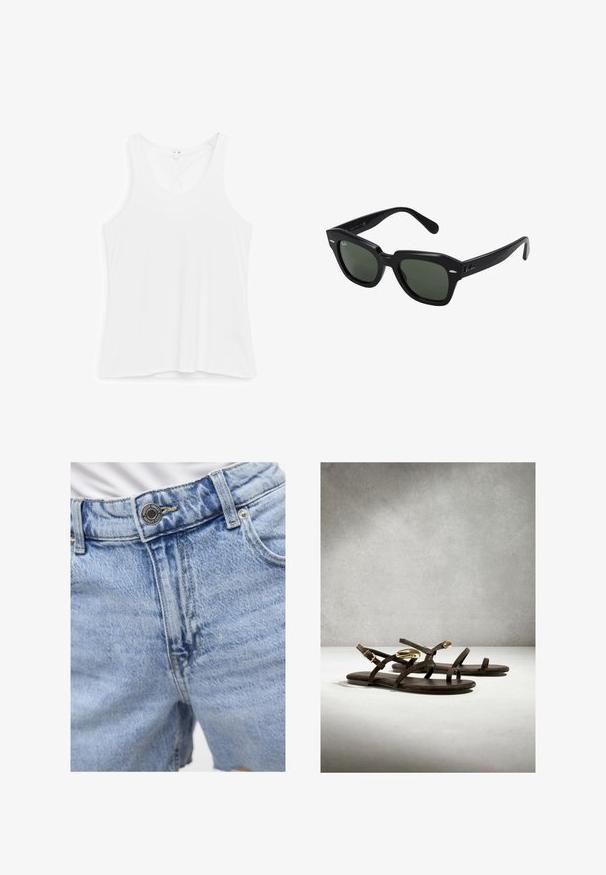 Camiseta sin mangas blanca con escote redondo, colocada plana sobre un fondo blanco.; Pantalones cortos de denim azul claro con cintura alta, costuras visibles, dos bolsillos delanteros y cierre de botón de metal. Textura suave.; Sandalias planas marrones con tiras finas y adornos ovalados dorados en las tiras del tobillo, exhibidas sobre una superficie neutra contra un fondo gris.; Gafas de sol cuadradas negras con lentes verde oscuro, con montura audaz y acentos plateados en los laterales. Fabricadas en Italia.