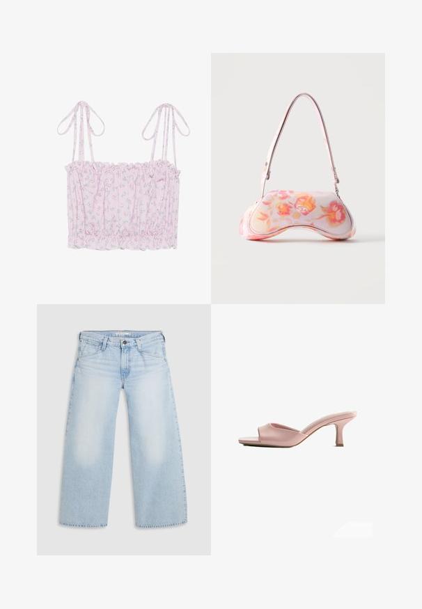 Crop top rose à fleurs avec ourlet volanté et bretelles spaghetti ajustables, présentant un tissu léger et texturé ainsi que de petits motifs floraux.; Jean large bleu clair en denim. Présente une coupe droite, un design à cinq poches et une fermeture par bouton à la taille.; Mule en cuir rose à bout ouvert avec un talon moyen bas et fin et une semelle intérieure légèrement rembourrée.; Petit sac à main à la forme courbée présentant un motif floral rose et orange et une bandoulière unique sur fond uni.
