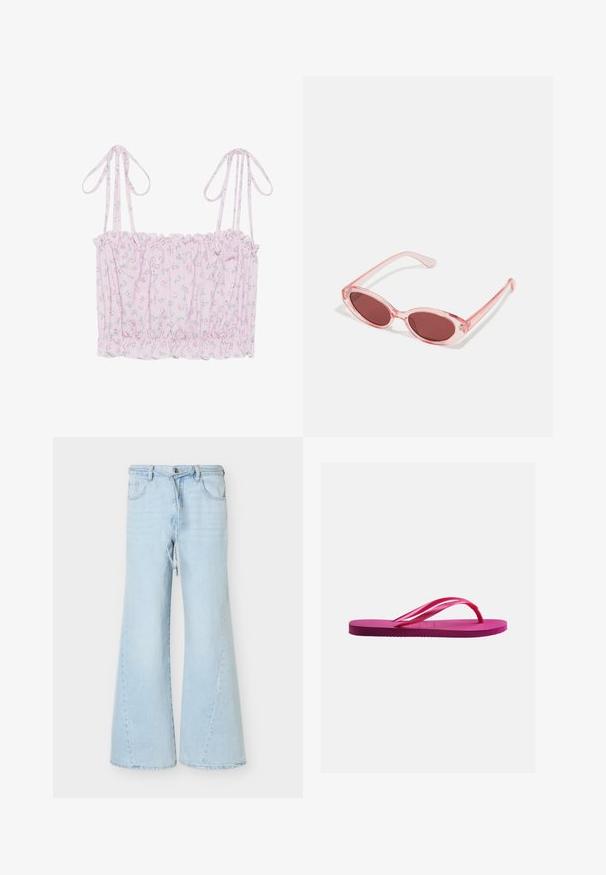 Ροζ λουλουδάτο crop top με φαρδύ τελείωμα και ρυθμιζόμενες τιράντες, κατασκευασμένο από ελαφρύ, υφασμάτινο υλικό με μικρά λουλούδια.; Φαρδιά τζιν σε φωτεινό μπλε με κορδόνι και κούμπωμα με κουμπί, εμπρόσθιες τσέπες και θηλιές για ζώνη, εμφανιζόμενα σε λευκό φόντο.; Ροζ λαστιχένιο σανδάλι με υφή στη σόλα και λεπτά λουράκια σε σχήμα Υ σε απλό γκρι φόντο.; Ροζ διαφανή γυαλιά ηλίου με ωοειδείς φακούς, σκούρο κόκκινο τόνισμα και κομψούς βραχίονες, με απαλή υφή και διακριτές λεπτομέρειες στο σκελετό.