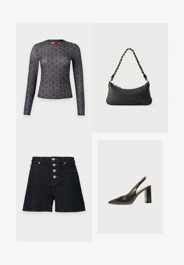 Langærmet skjorte i sort og grå med et geometrisk mønster. Har en rund hals og logodetaljer foran og bagpå. Glat tekstur.; Mørke denim shorts med højtalje, der har fem sølvknapper, to frontlommer og en rå kant. Stoffet har en glat tekstur.; Sort dameslingback pumpe i læder med spids tå og tyk høj blokhæl på hvid baggrund.; Sort skuldertaske i læder med en buet rektangulær form, gyldent kæde vævet ind i en flettet sort rem og toplynlås.
