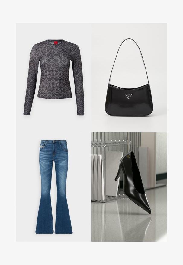 Langærmet skjorte i sort og grå med et geometrisk mønster. Har en rund hals og logodetaljer foran og bagpå. Glat tekstur.; Flared jeans i mellemblå denim med høj talje, fem-lomme design og subtile whiskering-detaljer ved lårene.; Sort højhælet sko med spids tå og guldlogo, placeret på en reflekterende overflade nær en krom trådfilholder med dokumenter.; Sort patenteret læder skuldertaske med en buet form, prydet med et sølvfarvet trekantet logo og en lynlås-lukning. Glat tekstur og slank rem.