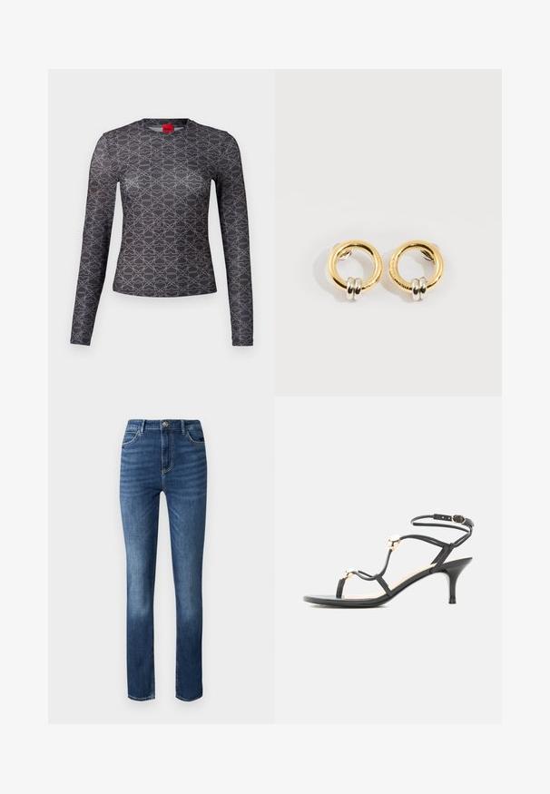 Chemise à manches longues en noir et gris avec un motif géométrique. Caractéristiques : col rond et détail de logo à l'avant et à l'arrière. Texture lisse.; Jeans en denim bleu foncé avec une coupe droite, style cinq poches et un léger délavage à l'avant pour plus de texture.; Sandale noire à fines lanières et talon moyen, ornée de perles dorées et d'une bride de cheville avec boucle sur fond blanc.; Boucles d'oreilles circulaires en or avec deux petites bagues en argent sur chacune, affichant des détails subtils du nom de la marque gravé, posées sur un fond blanc.