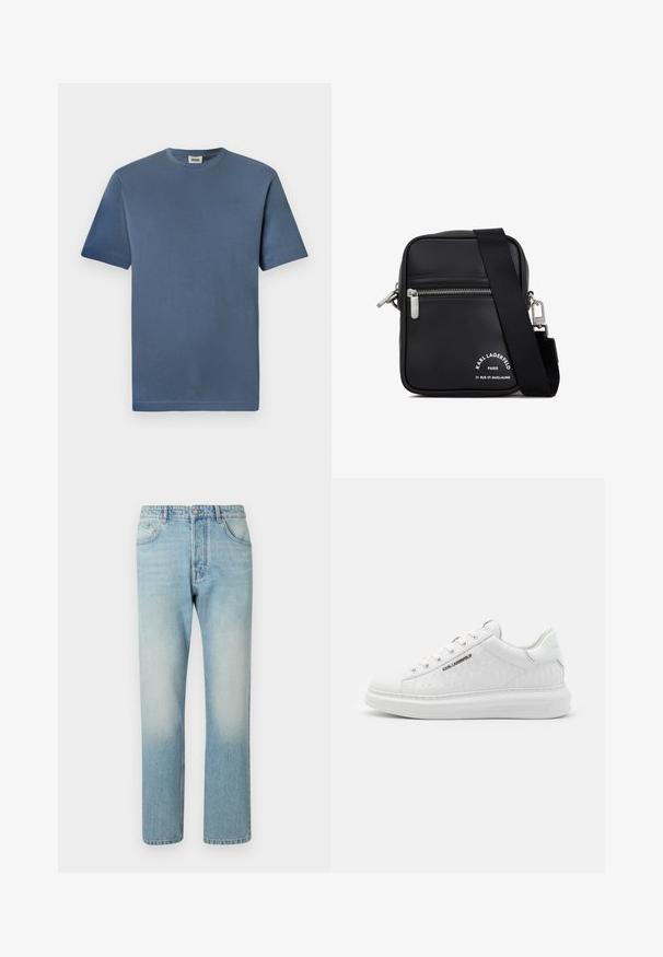 T-shirt en coton bleu avec un col rond et des manches courtes. Présente une texture lisse et un ourlet droit. Pas de motifs ou graphiques visibles.; Jeans bleu clair fabriqués en denim, présentant un design à jambe droite, une structure à cinq poches et un effet délavé au niveau des cuisses.; Baskets blanches en cuir lisse avec motif gaufré. Présentent un bout rond, un laçage à l'avant et une semelle texturée. Détail du logo argenté sur le côté.; Sac en cuir noir à bandoulière avec quincaillerie en argent, un compartiment zippé, une surface texturée et une marque blanche bien visible sur le devant.