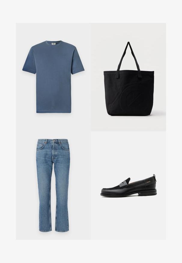 T-shirt en coton bleu avec un col rond et des manches courtes. Présente une texture lisse et un ourlet droit. Pas de motifs ou graphiques visibles.; Jeans en denim bleu clair avec une coupe droite, design à cinq poches et surpiqûres contrastées. Le tissu a une texture douce et un léger délavage.; Mocassin en cuir noir avec détail de bride grise, talon bas et semelle texturée, marqué "HUGO" en or sur le côté.; Sac fourre-tout en toile noire avec deux bandoulières et un motif circulaire discret en relief sur le devant.