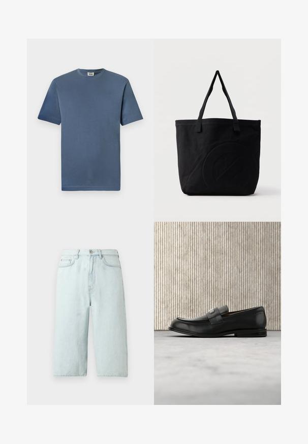 T-shirt en coton bleu avec un col rond et des manches courtes. Présente une texture lisse et un ourlet droit. Pas de motifs ou graphiques visibles.; Shorts en denim bleu clair avec une coupe à jambe droite, taille mi-haute, poches avant et une poche arrière unique, finition avec des coutures discrètes.; Mocassin en cuir noir avec une plaque de marque en métal reposant près d'une table ronde marron sur un sol recouvert de moquette beige.; Sac fourre-tout en toile noire avec deux bandoulières et un motif circulaire discret en relief sur le devant.
