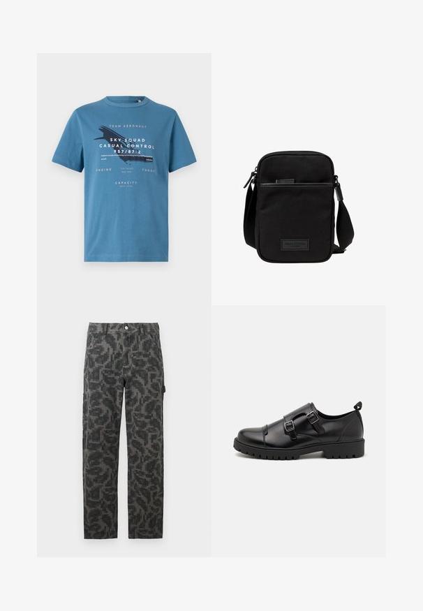 Camiseta de algodón azul con manga corta, que presenta un diseño gráfico de texto y un avión en la parte frontal. Cuello redondo y corte regular.; Pantalones rectos pixelados en negro y gris con bolsillos frontales y cierre de botón.; Pier One by Zalando Mocasines elegantes - black; Bolso cruzado de tela negra con un compartimento principal con cremallera, acentos de cuero, bolsillo frontal y strap ajustable. Logo de Marc O'Polo visible.