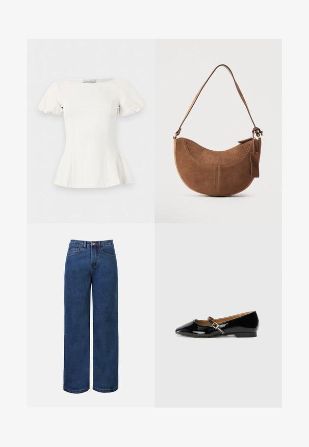 Blouse blanche à manches courtes bouffantes, taille ajustée, encolure bateau et légère évasement à l'ourlet.; Jean large en denim bleu foncé avec taille haute, doté d'une fermeture à bouton, de passants de ceinture et de poches avant et arrière. Texture lisse.; Chaussure plate en cuir verni noir avec un bout pointu, une bride de cheville avec une boucle en tonalité dorée, et un petit talon carré. Fini lisse et brillant.; Sac à main en daim marron de forme courbée en demi-lune. Il est doté d'une bandoulière, d'une petite étiquette et de coutures visibles le long des bords.
