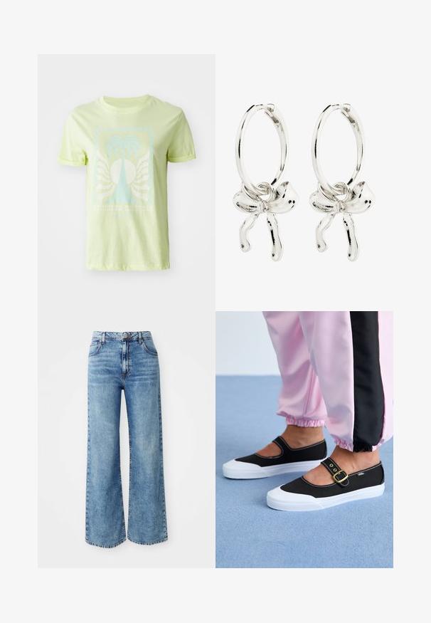 Lysegrøn t-shirt lavet af bomuld, med et blåt palmetræ grafik og teksten "SUMMER DREAMS", samt rullede korte ærmer.; Lysblå denim bredbente jeans med høj talje, der har fem lommer, knaplukning øverst og kontrastsyninger langs sømmene.; Sorte lærredssko med en hvid sål, der har et udskæringsdesign og et guldspænde. Bæret med lyserøde træningsbukser.; Sølv hoop øreringe med en sløjfedetail i midten, der fremhæver en poleret overflade og en glat tekstur.