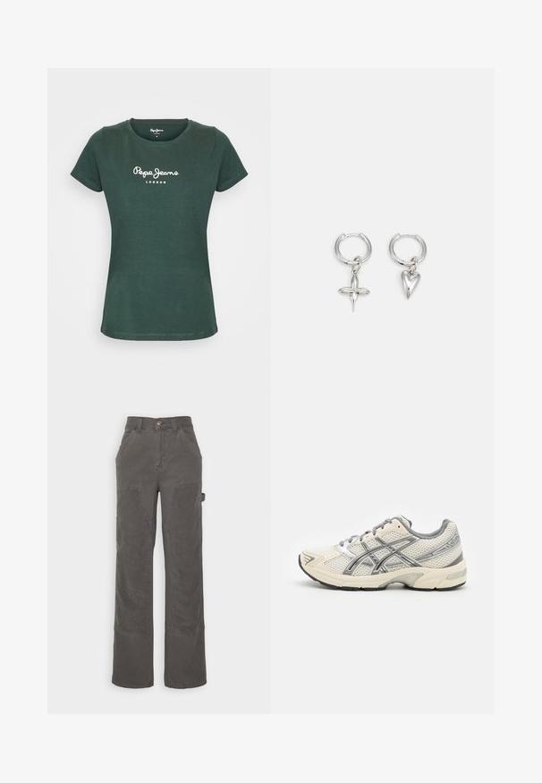 T-shirt à manches courtes vert foncé en coton. Il présente un col rond et un logo blanc "Pepe Jeans London" sur la poitrine.; BDG Urban Outfitters PANEL CARPENTER - Pantalon cargo - charcoal; Baskets de course avec une tige en mesh blanc respirant, des accents argentés, des lacets gris et une semelle en caoutchouc noir durable. Design léger et rembourré.; Boucles d'oreilles en argent en forme de cerceau avec un charme croix et cœur. Texture lisse et brillante avec une finition polie. Chaque charmepend d'une boucle sécurisée.