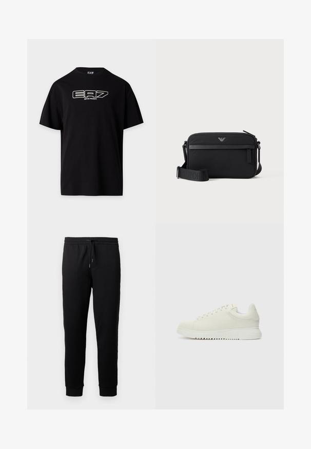 T-shirt noir à manches courtes avec logo blanc EA7 Emporio Armani imprimé sur la poitrine, col rond et coupe régulière.; Pantalons de jogging noirs en tissu doux avec une taille élastique et un cordon de serrage. Présente des jambes fuselées avec des poignets côtelés.; Baskets blanches en cuir avec un dessus texturé, bout rond, semelle plate blanche et lacets ton sur ton. Marque discrète sur la languette.; Sac bandoulière rectangulaire noir avec poche avant zippée, sangle réglable et petit logo métallique en haut au centre.