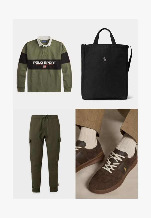Maillot de rugby à manches longues vert olive avec bande horizontale noire, col blanc et logo "POLO SPORT Ralph Lauren" avec drapeau américain sur le devant.; Pantalon jogger cargo vert foncé avec taille à cordon, poches latérales à rabat, poignets côtelés aux chevilles et détails de couture aux genoux sur fond uni.; Baskets en daim marron avec lacets blancs portées avec des chaussettes côtelées beiges et un pantalon marron clair.; Sac cabas rectangulaire noir avec des poignées courtes, une longue bandoulière sur le côté, et un petit logo brodé d’un joueur de polo au centre avant.