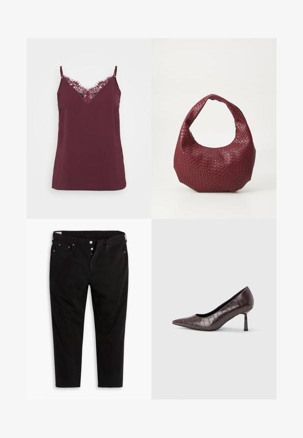 Burgundy top med justerbare stropper, der har en spidse V-halskant i blonder. Blød tekstur med en afslappet pasform og en nederkant, der sidder under taljen.; Sorte denimbukser med lige ben-design. Har fem lommer, metalknaplukninger og orange syninger som detaljer. Fremstillet af bomuld.; Brune kunstlæder stiletter med spidse tæer og krokodilletekstur, der har en slank, vinklet hæl og en glat inderside.; Vævet bordeaux håndtaske med en rund silhuet, et enkelt håndtag og en tekstureret overflade. Lynlåslukning øverst.