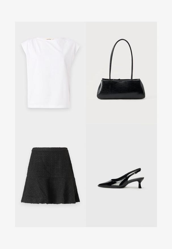 T-shirt blanc en coton à manches courtes avec un col rond et une petite étiquette "Selected" à l'intérieur du col.; Jupe évasée noire texturée en ligne A avec ourlet évasé et motif à carreaux subtil sur fond uni.; Escarpins en cuir verni noir avec un bout pointu et un petit talon carré. Sangle réglable à la cheville avec boucle.; Sac à épaule rectangulaire noir avec de longues bretelles fines et une texture lisse et brillante sur un fond uni.