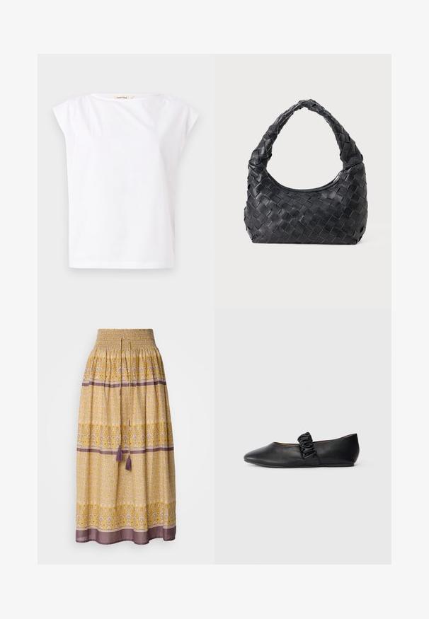 Wit katoenen t-shirt met korte mouwen, een ronde hals en een klein "Selected" label aan de binnenkant van de kraag.; Geel maxi-jurk met smocktail, bloem- en geometrische patronen in wit en paars, voorzien van twee paarse franjes bij de taille.; Zwarte platte schoen met een geplooide elastische band over de bovenkant en een ronde neus op een plain witte achtergrond.; Zwarte leren geweven schoudertas met een ronde handgreep en een maansvormig lichaam op een effen achtergrond.