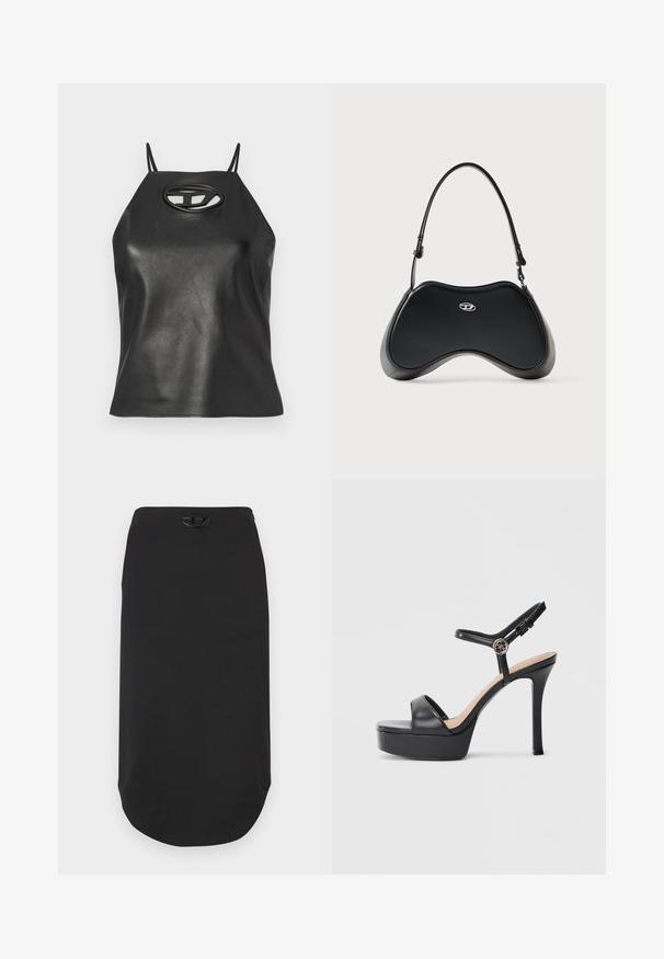 Débardeur en simili cuir noir avec des bretelles fines, un col halter, et un détail en découpe ovale au niveau de la poitrine. Texture lisse, design ajusté.; Jupe crayon noire en tissu lisse. Elle présente un ourlet arrondi et un logo noir proéminent à la taille. Design simple, sans motifs.; Sandales à plateforme noires avec un talon haut stilettos, dotées d'une tige en cuir lisse, d'un bout ouvert et d'une bride de cheville ajustable avec ferrures.; Sac à main en similicuir noir avec une forme incurvée unique, une poignée courte et un détail de logo argenté sur le devant. Texture lisse, design minimaliste.
