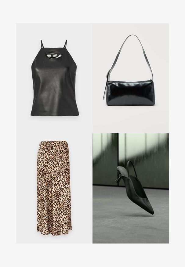 Sort faux læder tanktop med tynde stropper, halterneck og en oval udskæring ved brystet. Glat tekstur, tætsiddende design.; Løleopardprint lang nederdel lavet af glat stof. Tan base med sorte og brune pletter. Udsvingende design med en lige kant.; Sort læder slingback højhælet sko med spids tå svævende over gråt tæppe, sløret grønlig væg i baggrunden.; Sort rektangulær skuldertaske med en enkelt justerbar rem og lynlås i toppen på en ensfarvet baggrund.
