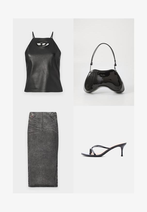 Schwarzes Kunstleder-Tanktop mit dünnen Trägern, einem Halterneck und einer ovalen Aussparung im Brustbereich. Glatte Textur, taillierte Passform.; Grauer Denim-Midi-Rock mit vertikalen Nadelstreifen, hoher Taillenbund, Fünf-Taschen-Design und einem sauberen Saum.; Schwarze Peeptoe-Sandale aus Lackleder mit dünnen, gekreuzten Riemen und einem schlanken, mittelhohen Stilettoabsatz vor weißem Hintergrund.; Schwarze Handtasche aus lackiertem Leder mit einer einzigartigen, geschwungenen Form, kurzem verstellbarem Griff und einem Reißverschluss oben. Glatte Textur mit dezentem Branding.