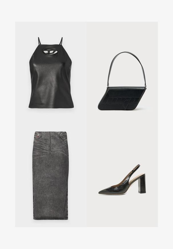 Top sin mangas de cuero sintético negro con tirantes finos, cuello halter y detalle de corte ovalado en el pecho. Textura suave, diseño ajustado.; Falda midi de mezclilla gris con rayas verticales, con cintura alta, diseño de cinco bolsillos y dobladillo limpio.; Zapato slingback de piel negra con puntera puntiaguda, tacón alto y ancho, y forro interior beige sobre un fondo claro y liso.; Bolso de hombro de cuero negro con forma triangular, logo en relieve y una sola correa ajustable. Diseño minimalista con textura suave.