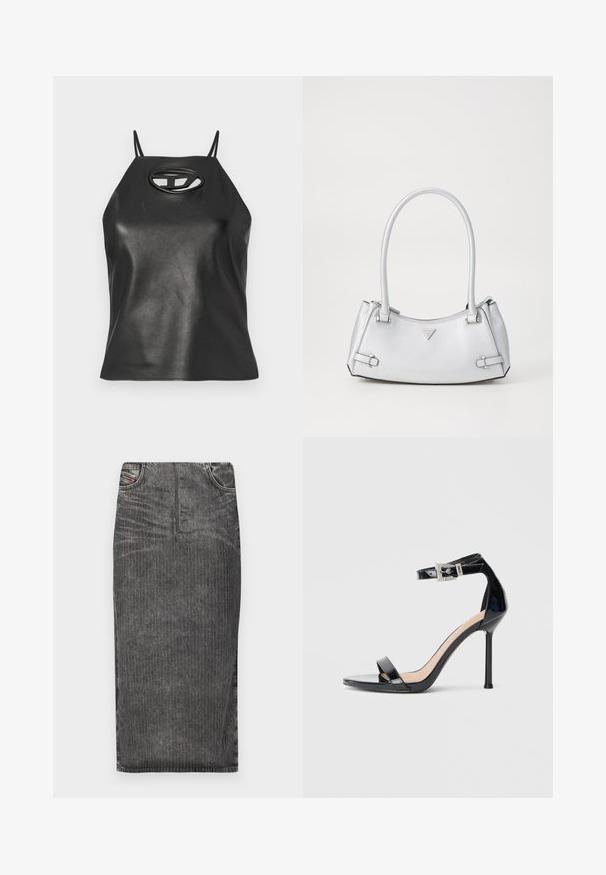 Zwarte faux leren tanktop met dunne bandjes, een halternek en een ovale uitsparing op de borst. Gladde textuur, aansluitend ontwerp.; Grijze denim midi-rok met verticale streepjes, voorzien van een hoge taille, vijf-pocket ontwerp en een nette zoom.; Zwarte sandalen met hoge hak van lakleer en een enkelriempje. Heeft een minimalistisch ontwerp, open teen en een gesp met strass-steentjes.; Zilveren handtas met een gestructureerd ontwerp, voorzien van twee handvatten, een glanzende textuur, opvallende hardware en een driehoekig logo aan de voorkant.