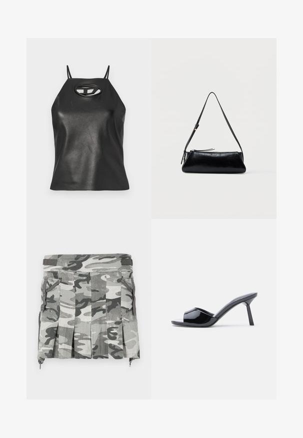 Sort faux læder tanktop med tynde stropper, halterneck og en oval udskæring ved brystet. Glat tekstur, tætsiddende design.; Camouflage-mønstret nederdel i nuancer af grå og sort, med plisseringer, to sidelommer og en lynlåslukning ved kanten.; Sorte laklæder sandaletter med åben tå, der har et buet overdesign og en spids stilethæl. Glat, blank finish.; Sort læder skuldertaske med tynd justerbar rem, lynlåslukning og lille metal "GUESS" logo foran i midten.