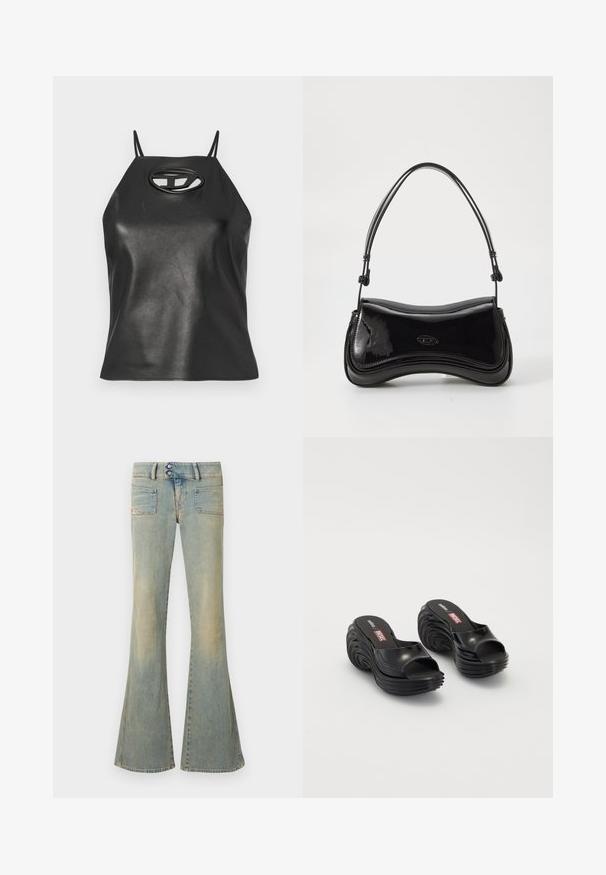 Débardeur en simili cuir noir avec des bretelles fines, un col halter, et un détail en découpe ovale au niveau de la poitrine. Texture lisse, design ajusté.; Jean évasé bleu en denim, présentant une finition délavée, deux poches avant, deux poches arrière, et une fermeture à double bouton à la taille.; Melissa MELISSA QUANTUM PLATFORM X DIESEL AD - Sandales de bain - black; Sac à main en vernis noir avec une forme courbée, une poignée unique et un fond arrondi. Présente un détail de logo discret à l'avant.