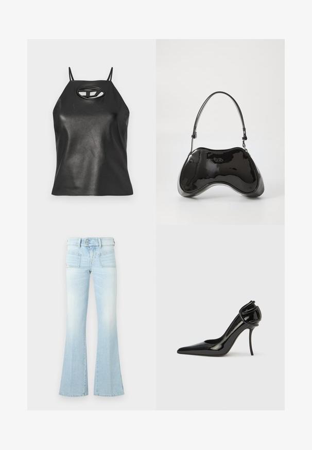Schwarzes Kunstleder-Tanktop mit dünnen Trägern, einem Halterneck und einer ovalen Aussparung im Brustbereich. Glatte Textur, taillierte Passform.; Hellblaue ausgestellte Jeans aus ausgewaschenem Denim mit zwei Vordertaschen, einem geknöpften Bund und kontrastierenden Nähdetails. Glatte Textur.; Schwarzer High-Heel-Schuh aus Lackleder mit spitzer Zehenpartie und offenem Fersenbereich. Verfügt über ein einzigartiges, geschwungenes Detail an der Ferse. Glatte und glänzende Oberfläche.; Schwarze Handtasche aus lackiertem Leder mit einer einzigartigen, geschwungenen Form, kurzem verstellbarem Griff und einem Reißverschluss oben. Glatte Textur mit dezentem Branding.
