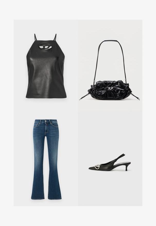 Débardeur en simili cuir noir avec des bretelles fines, un col halter, et un détail en découpe ovale au niveau de la poitrine. Texture lisse, design ajusté.; Jean bleu en denim à taille haute avec légères décolorations, poches avant, bouton, fermeture éclair et jambes évasées sur un fond clair uni.; Escarpin noir en cuir avec un bout pointu, arborant un accent logo argenté et un petit talon. Texture lisse et design minimaliste.; Sac à main en cuir noir avec un design froncé et un détail en forme de nœud sur le devant. Dispose d'une poignée courte et d'accents de quincaillerie argentée.