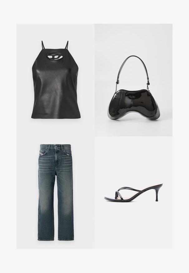 Sort faux læder tanktop med tynde stropper, halterneck og en oval udskæring ved brystet. Glat tekstur, tætsiddende design.; Mørkeblå lige jeans med en falmet tekstur, fem-lomme design og en lille logodetalje på forsiden lommen.; Sort laklædersandal med hæl, tynde krydsede remme og en slank mellemhøj stilethæl på en hvid baggrund.; Sort patentlæder håndtaske med en unik buet form, kort justerbar hank og en lynlåslukning i toppen. Glat tekstur med diskret branding.